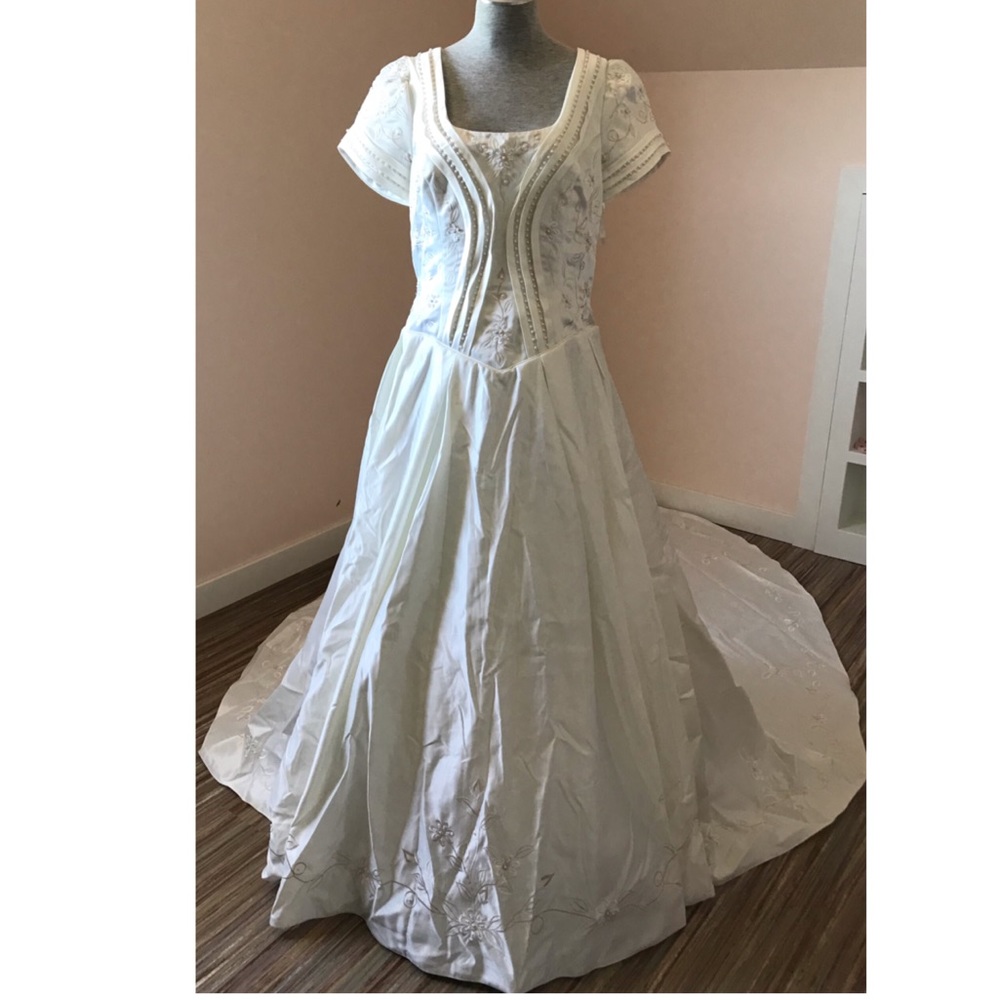 Bridal Originals Embroidered Satin Short Sleeve Wedding Gown with Train